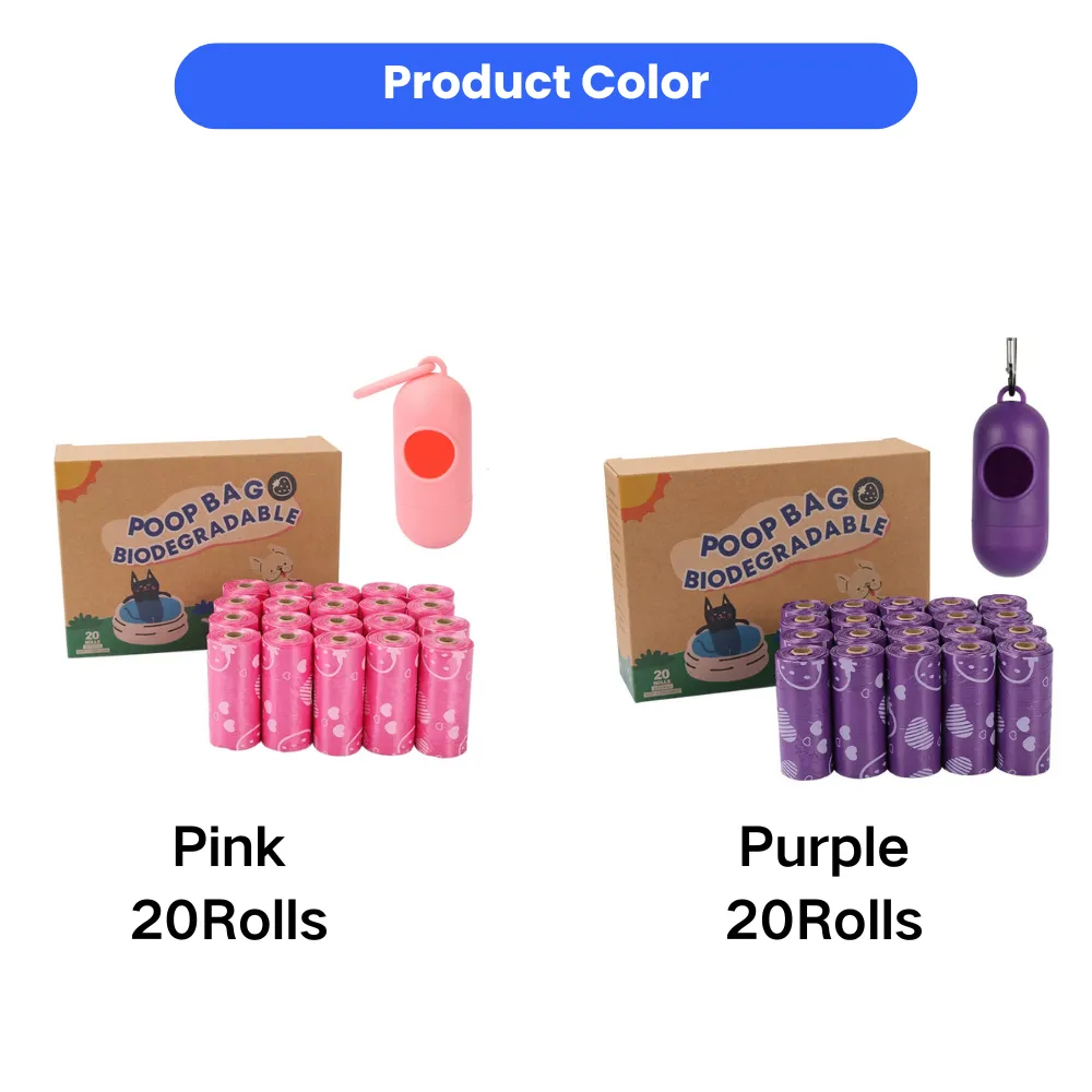 Wholesale biodegradable dog poop bags with dispenser available in pink and purple colors, 20 rolls per pack