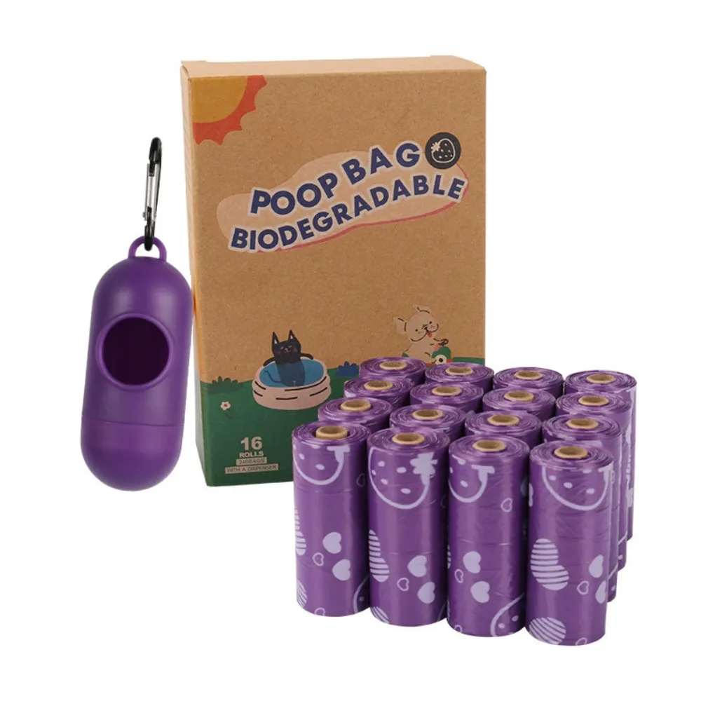Purple biodegradable dog poop bag set with dispenser and 16 rolls for pet waste cleanup
