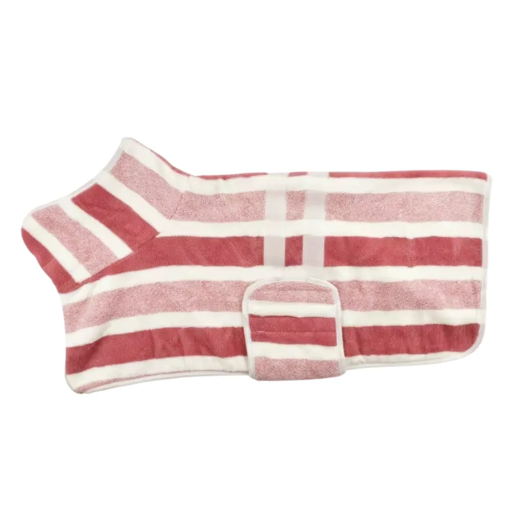 Pink striped microfiber dog bath robe with adjustable belly strap
