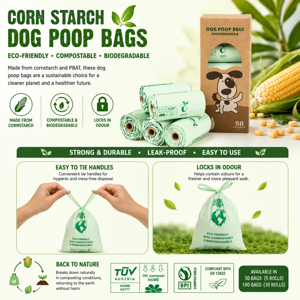 Corn starch dog poop bags featuring leak-proof design, odor control, and easy-tie handles