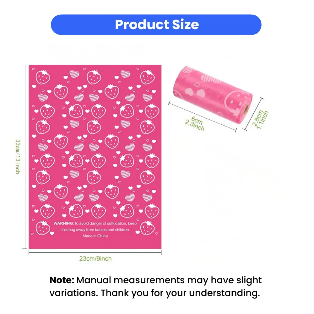 Dog poop bag dimensions showing 9 x 13 inch biodegradable waste bags and dispenser roll size for pet owners