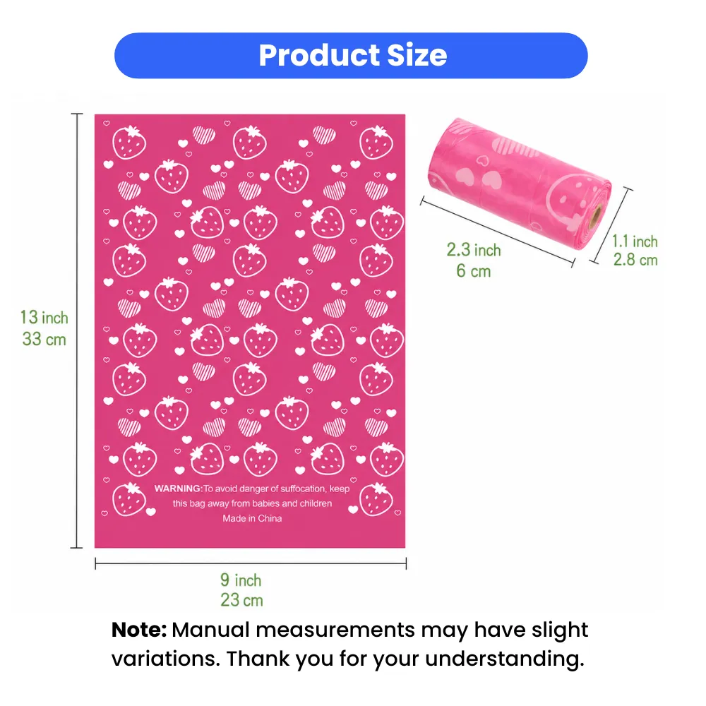 Dog poop bag dimensions 9 x 13 inches with roll size details for biodegradable pet waste bags