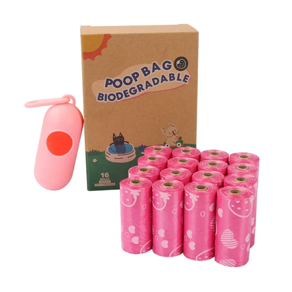 Pink biodegradable dog poop bag set with dispenser and 16 rolls for pet waste disposal