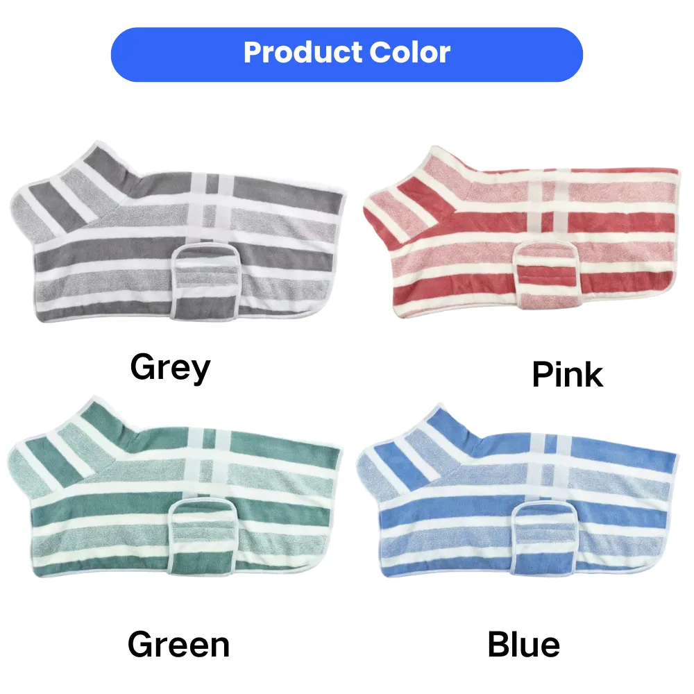Microfiber dog drying robes in grey pink green and blue colors