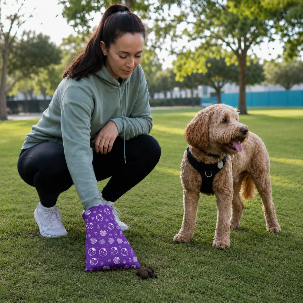 Pet owner picking up dog waste with biodegradable dog poop bag during a walk in the park