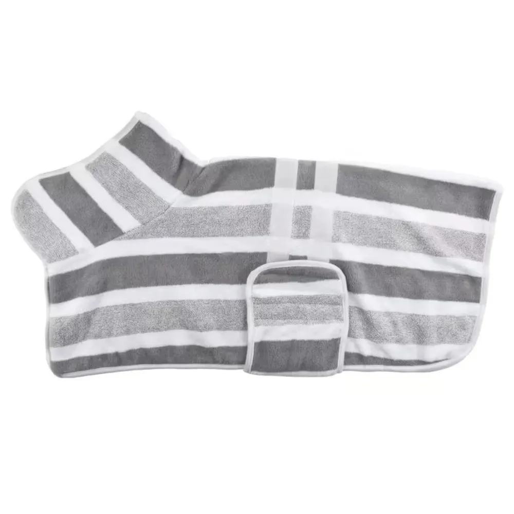 Grey striped dog drying robe made of absorbent microfiber fabric