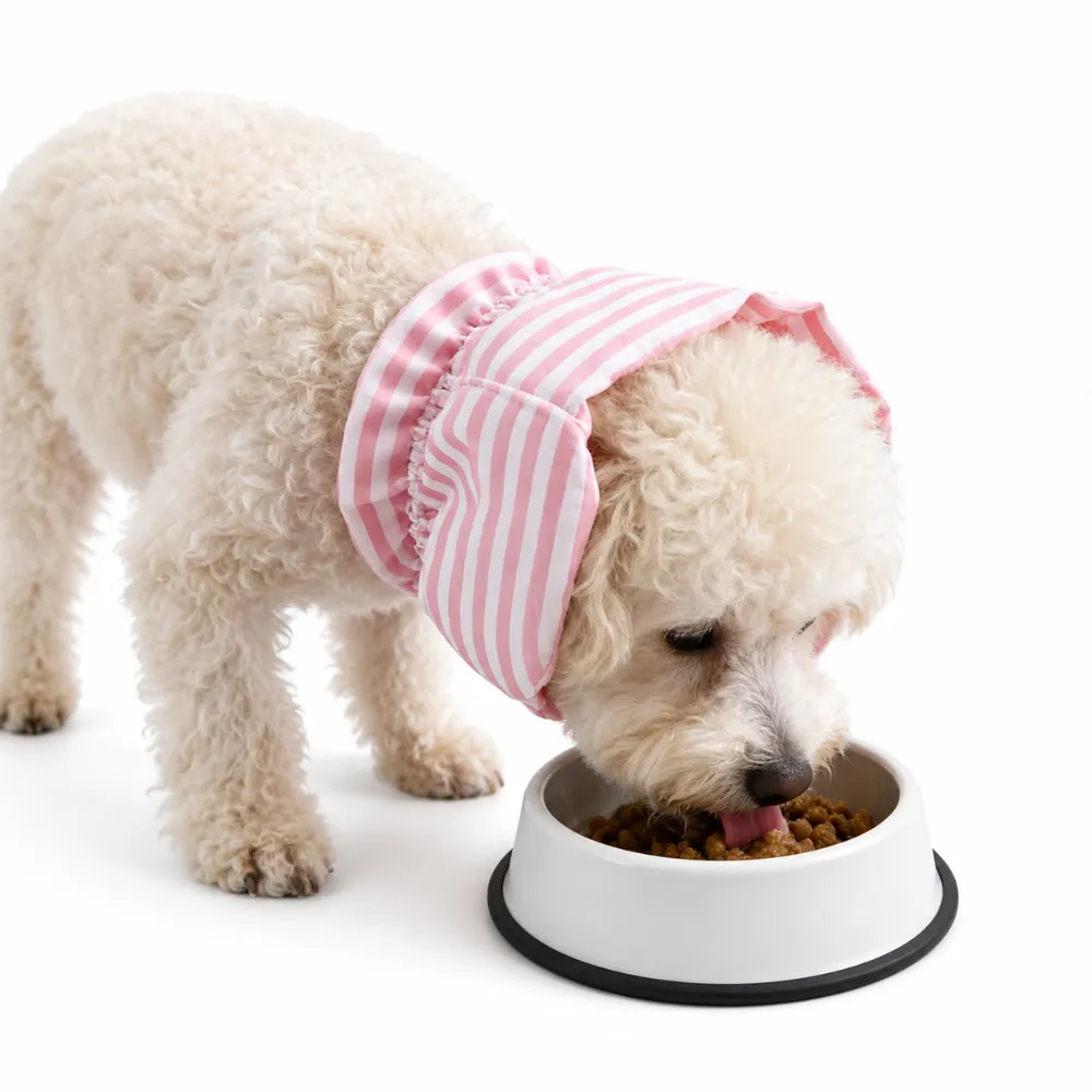 Pet Mealtime Ear Cover Protectors for Dogs Eating Small dog wearing pink striped pet ear cover protector while eating food from a bowl