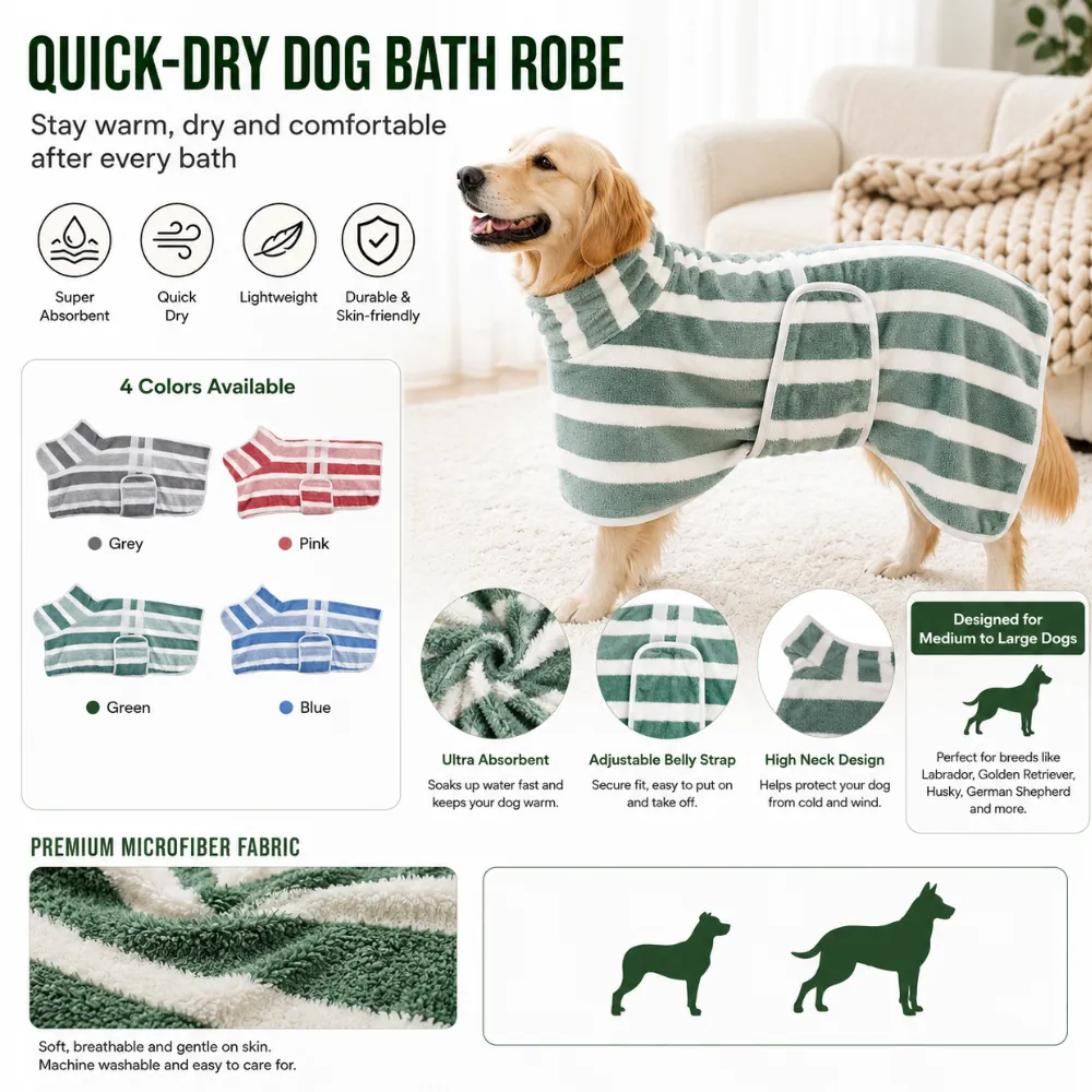 Quick-dry dog bath robe with absorbent microfiber fabric and adjustable belly strap