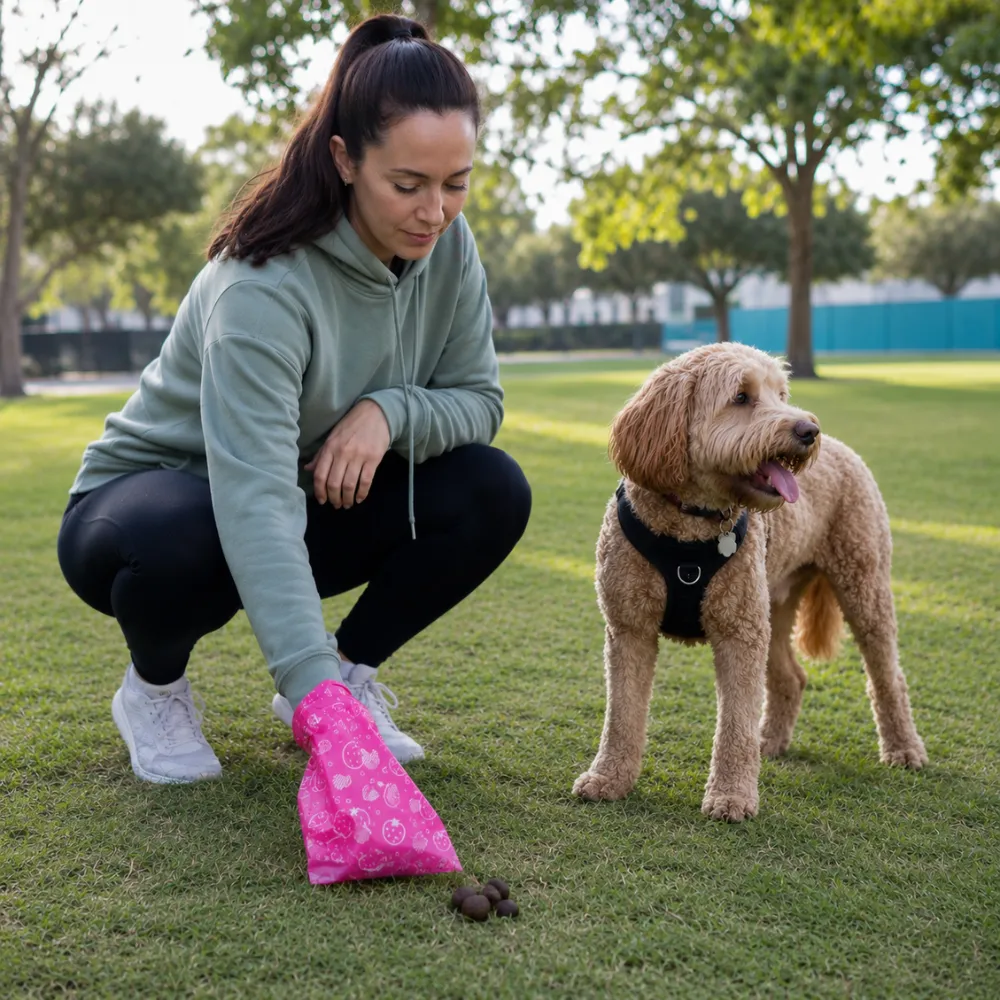 Woman picking up dog waste using biodegradable poop bags in a park with pet dog