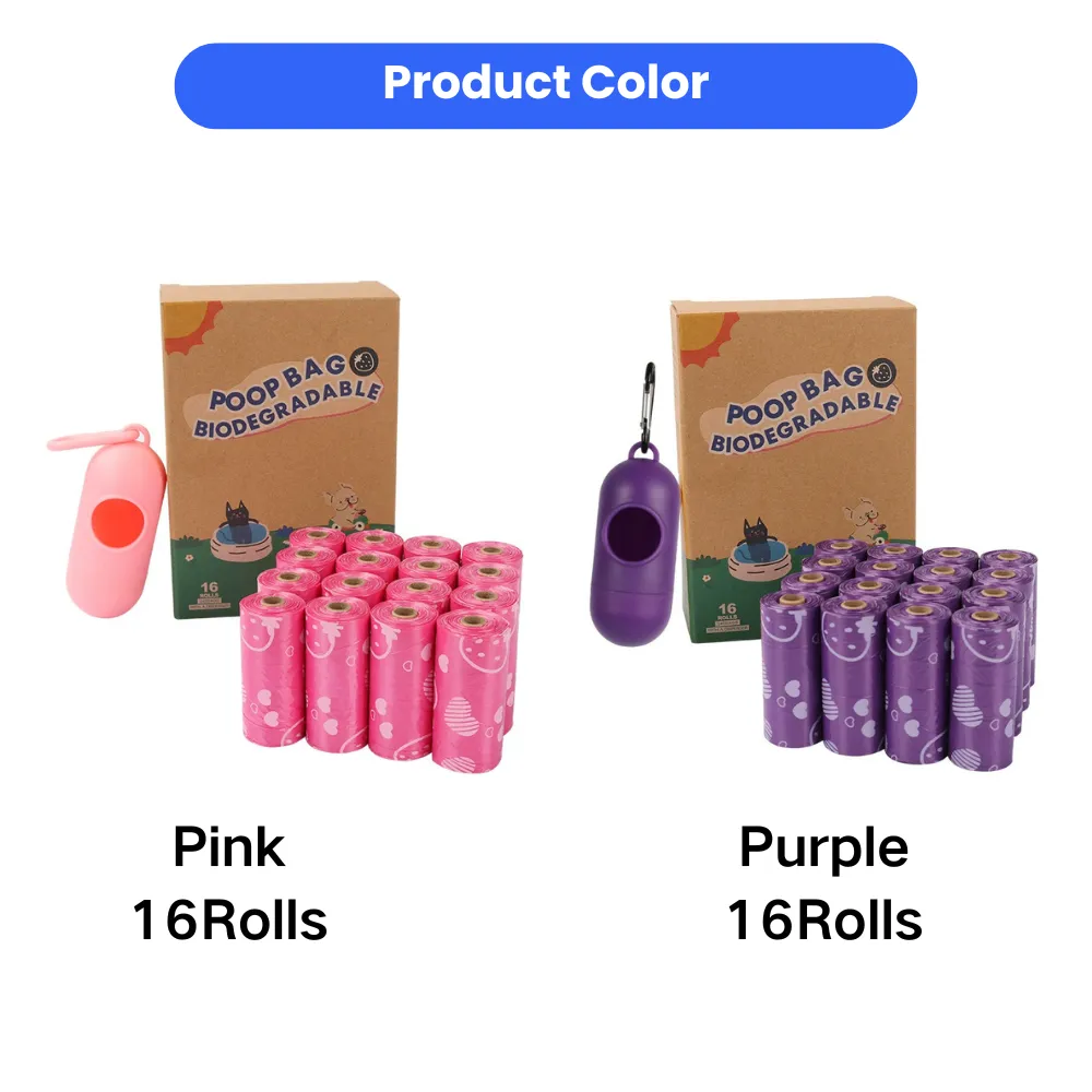 Pink and purple biodegradable dog poop bags with dispensers, 16 rolls pet waste bag color options