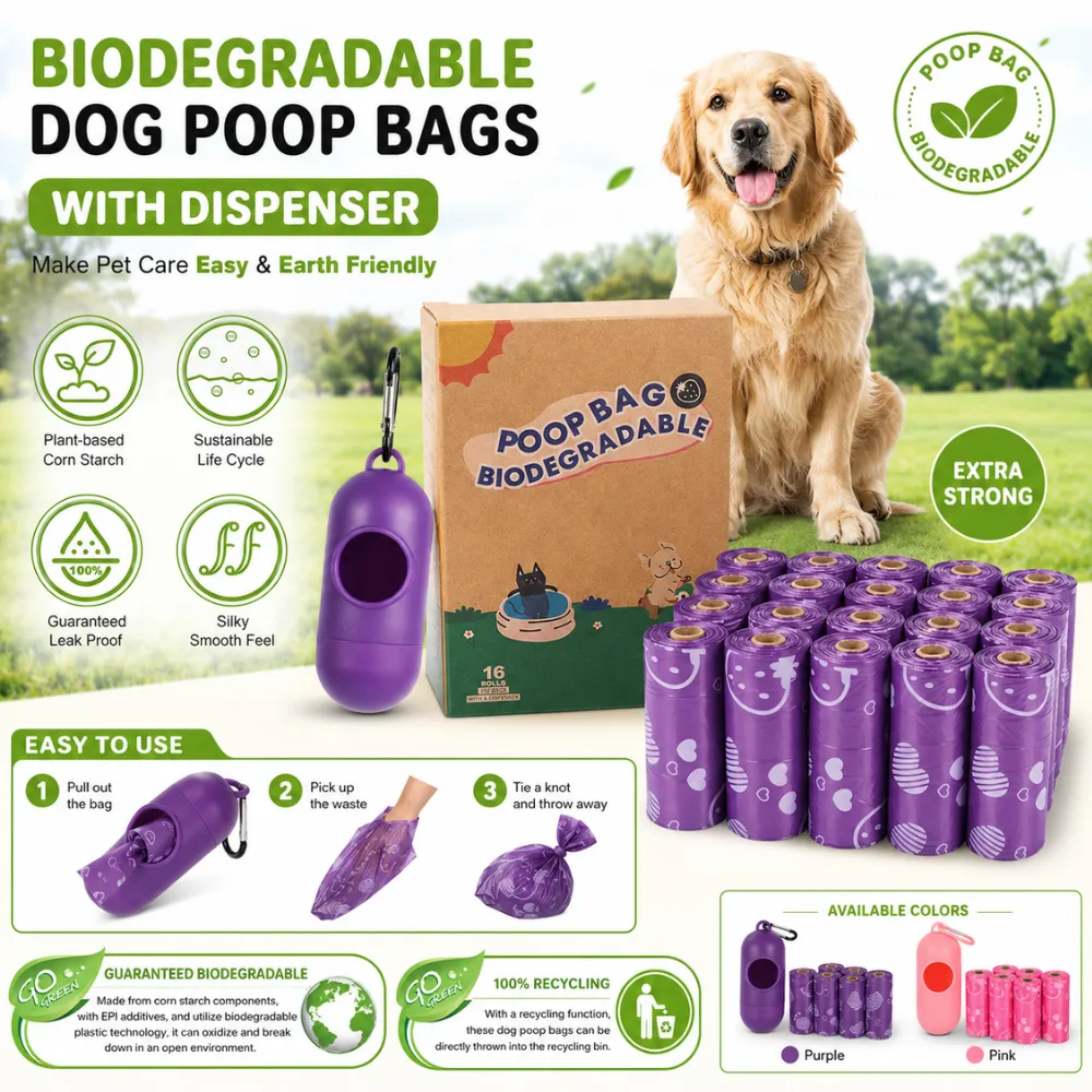 Biodegradable dog poop bags with dispenser made from corn starch, leak-proof bulk pack for pet stores and retailers