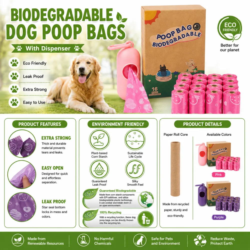 Biodegradable dog poop bags with dispenser made from corn starch, leak-proof and eco-friendly pet waste bags