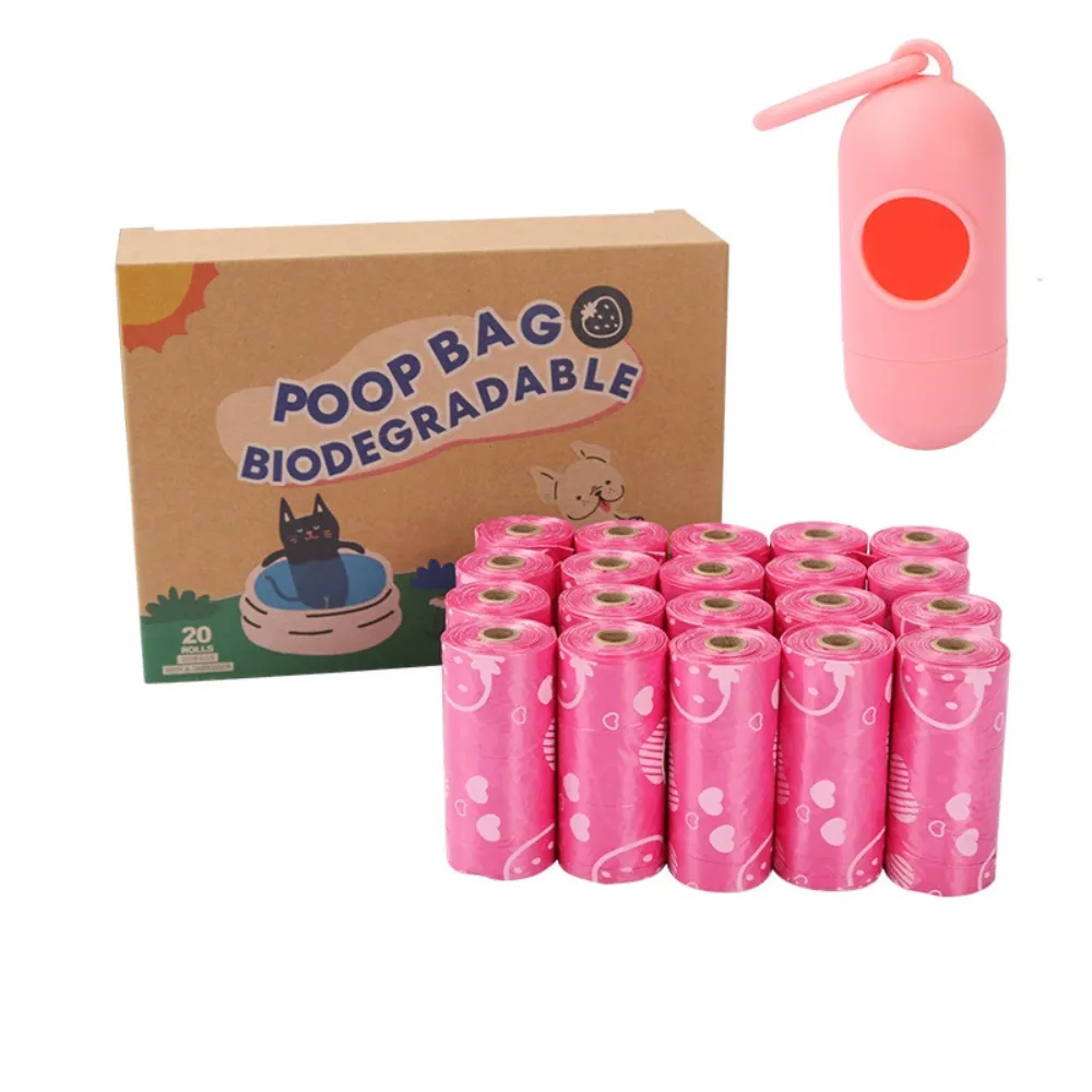 Pink biodegradable dog poop bags with dispenser, 20 rolls bulk packaging for pet stores
