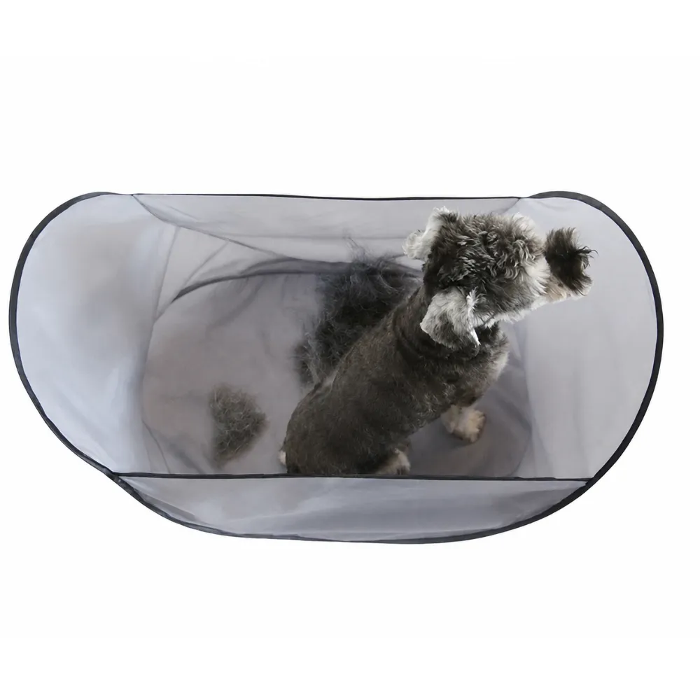 Pet Hair Collecting Apron for Dog Grooming at Home Dog grooming hair collecting apron catches loose pet fur during home grooming sessions for easy cleanup