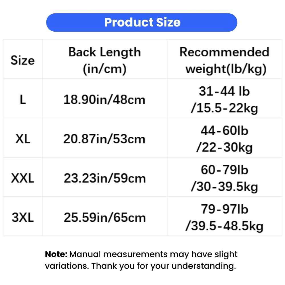 Dog drying robe size guide with back length and weight recommendations