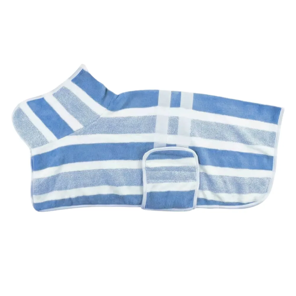 Blue microfiber dog drying coat with high neck design and quick-dry fabric