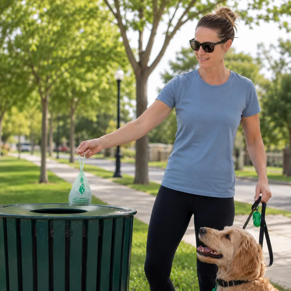 Dog owner disposing pet waste using biodegradable dog poop bags during a daily walk