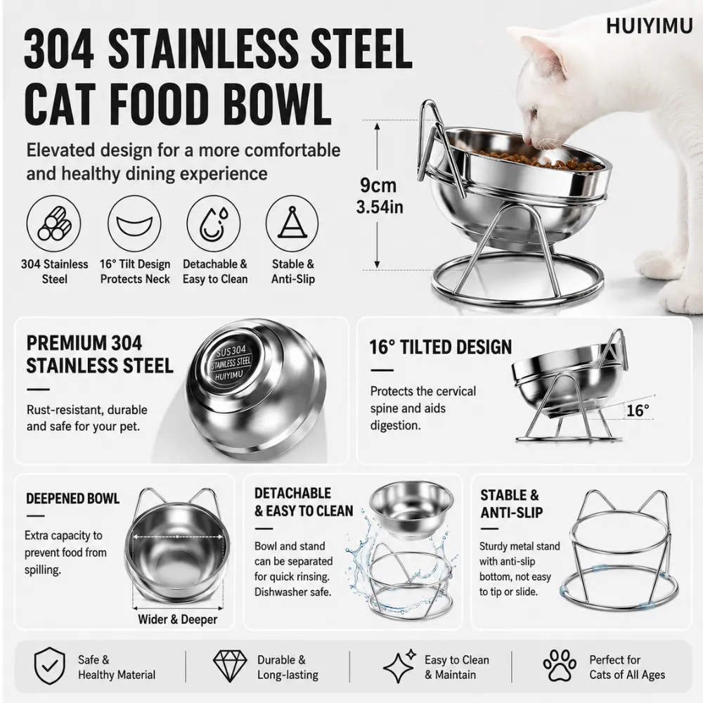 304 stainless steel tilted cat bowl featuring 16 degree angle, detachable design and anti-slip stand