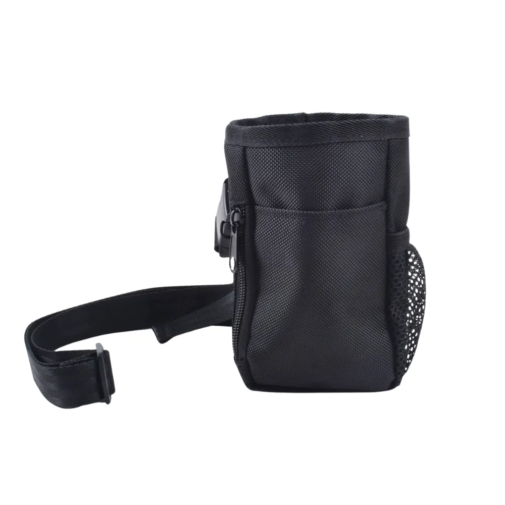 Black dog training treat pouch featuring poop bag dispenser, mesh pocket and adjustable belt