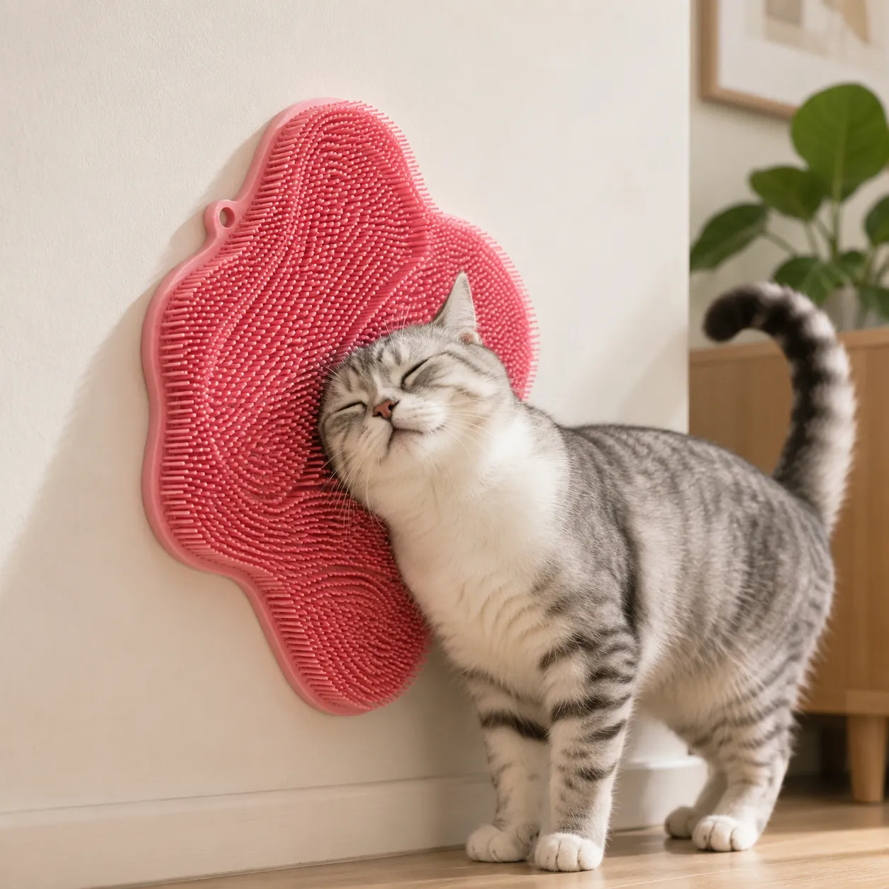 Cat Self Groomer Wall Corner Brush for Indoor Cats Gray tabby cat rubbing against a wall mounted cat self groomer brush for massage, shedding control and self grooming indoors