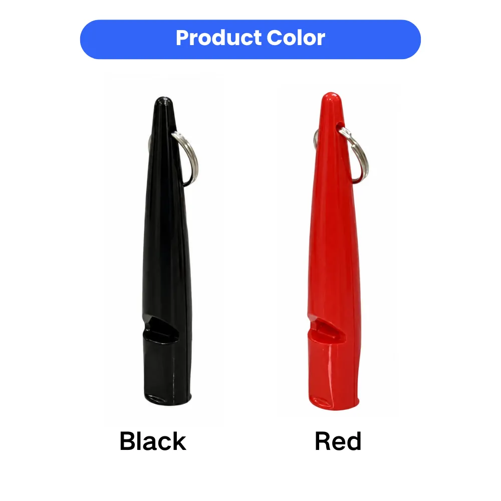 Dog training whistle available in black and red color options with metal key ring attachment