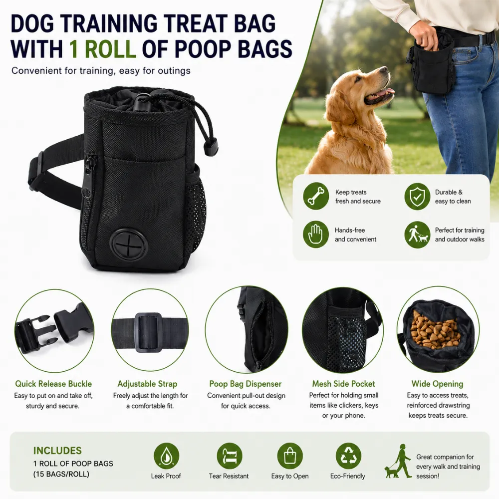Dog training treat bag with poop bag dispenser, mesh pocket, adjustable strap and secure drawstring closure