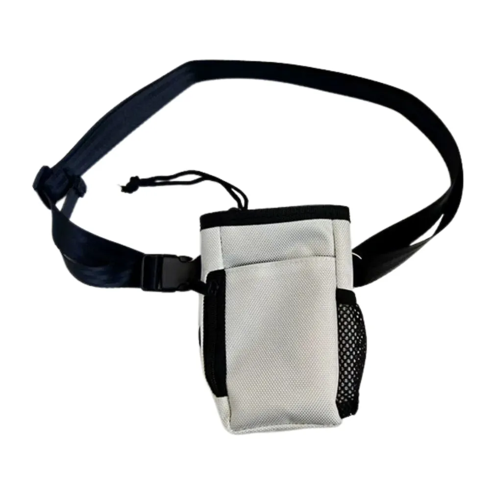 Silver dog training treat pouch with waist belt and mesh side pocket
