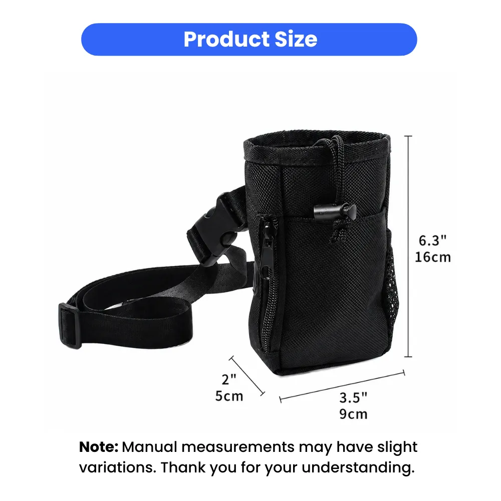 Dog training treat pouch dimensions with adjustable belt and storage compartment measurements