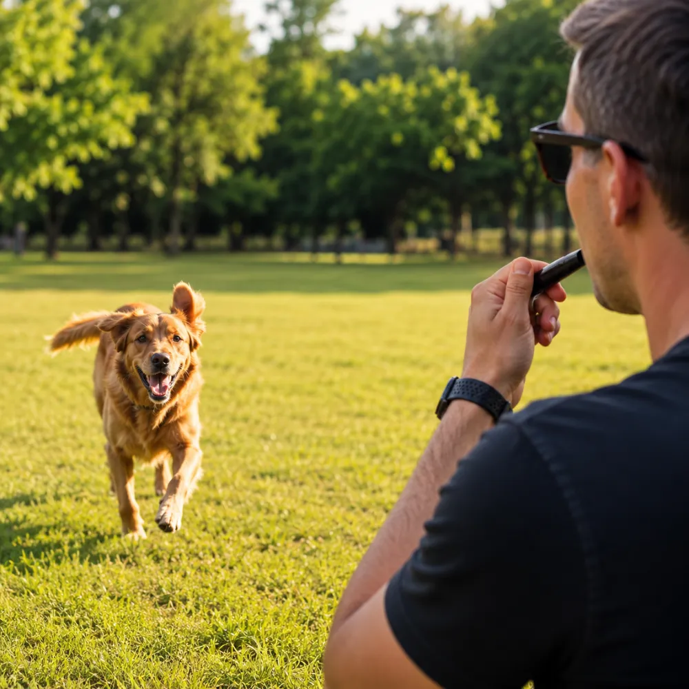 Dog owner using a training whistle during outdoor recall training with a running dog in the park
