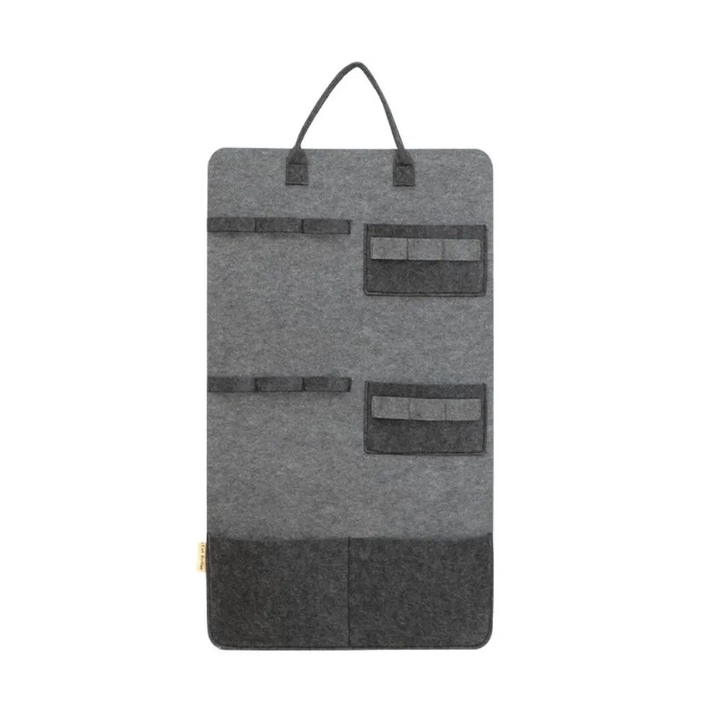 Grey felt cat toy storage organizer with hanging handle and multiple storage pockets