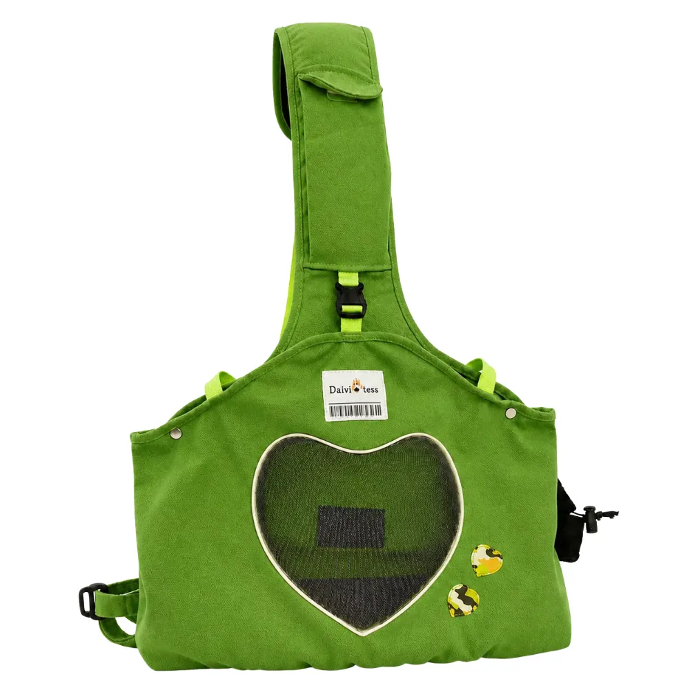 Green breathable canvas cat carrier bag with mesh viewing window and adjustable strap