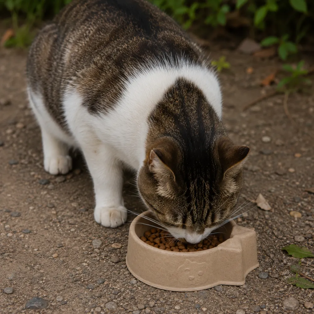 Domestic cat eating from an eco-friendly paper pulp feeding bowl outdoors