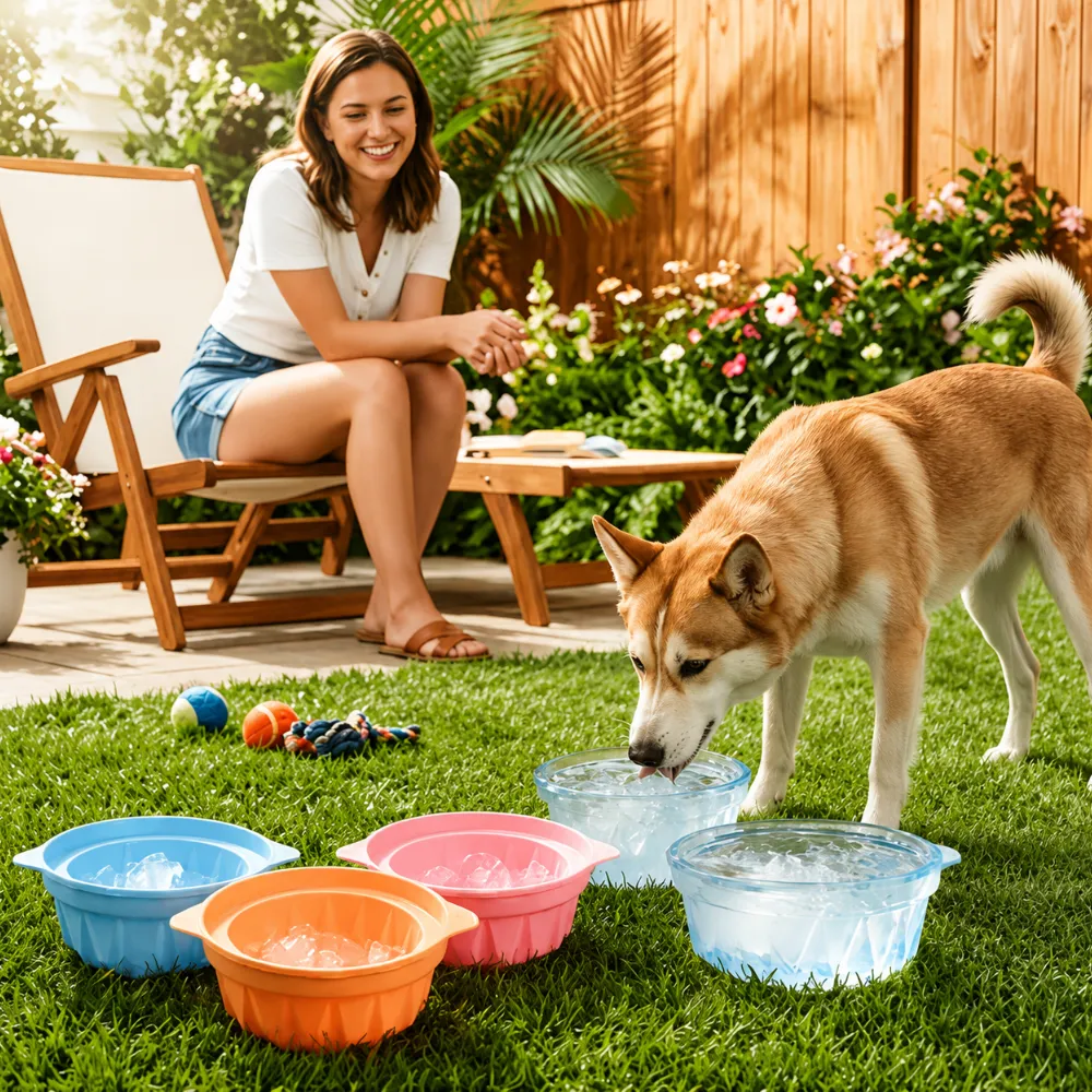 Dog drinking from a frozen ice water bowl outdoors during hot summer weather