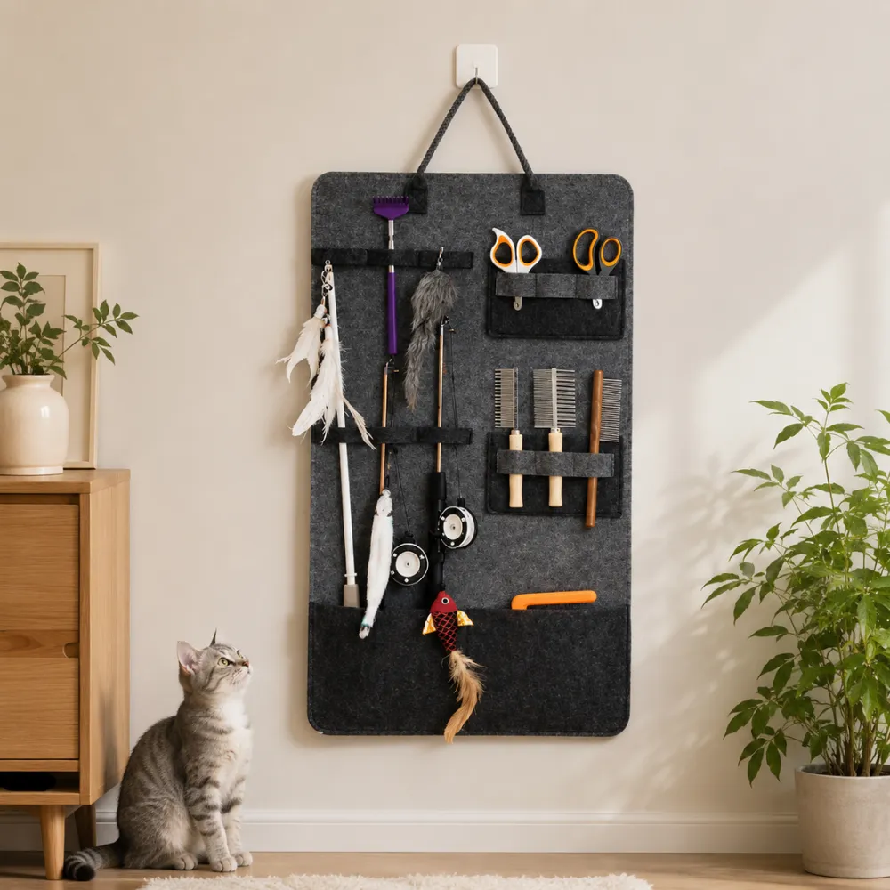 Hanging cat toy organizer mounted on wall with cat teaser sticks, toys and accessories neatly stored