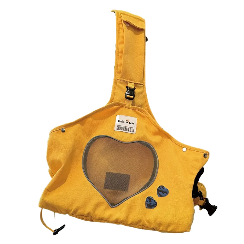Yellow canvas cat shoulder carrier bag with breathable heart-shaped mesh window