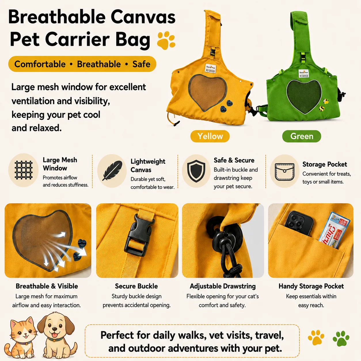Breathable canvas pet carrier bag featuring large mesh window, secure buckle, adjustable drawstring, and storage pocket