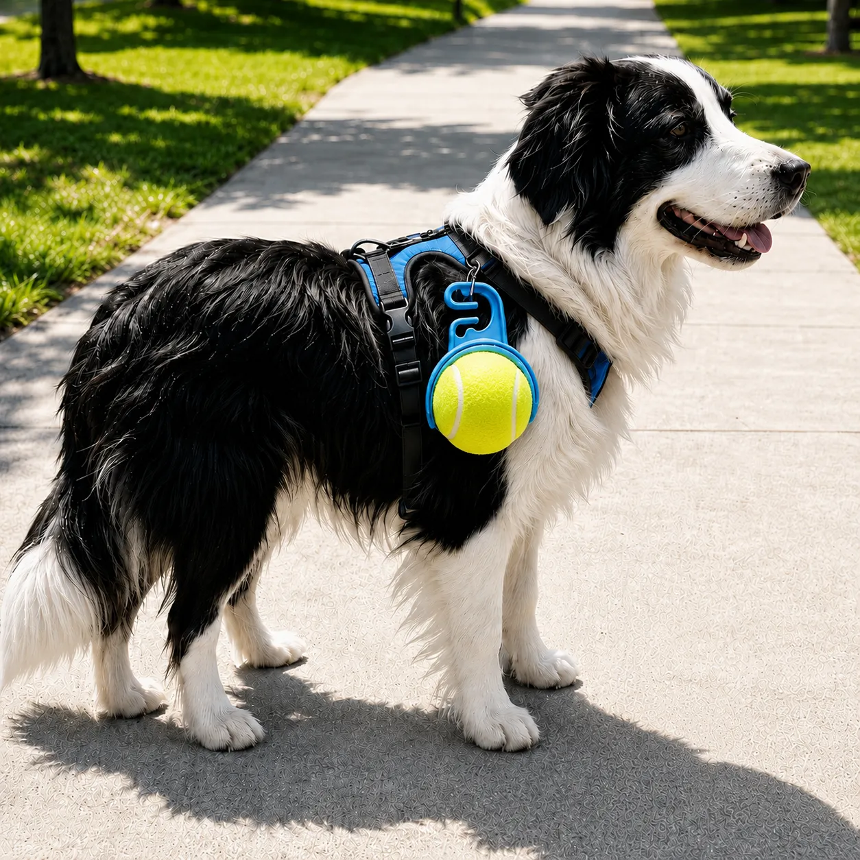 Border Collie wearing a dog harness with a tennis ball holder attached for convenient outdoor training and fetch games