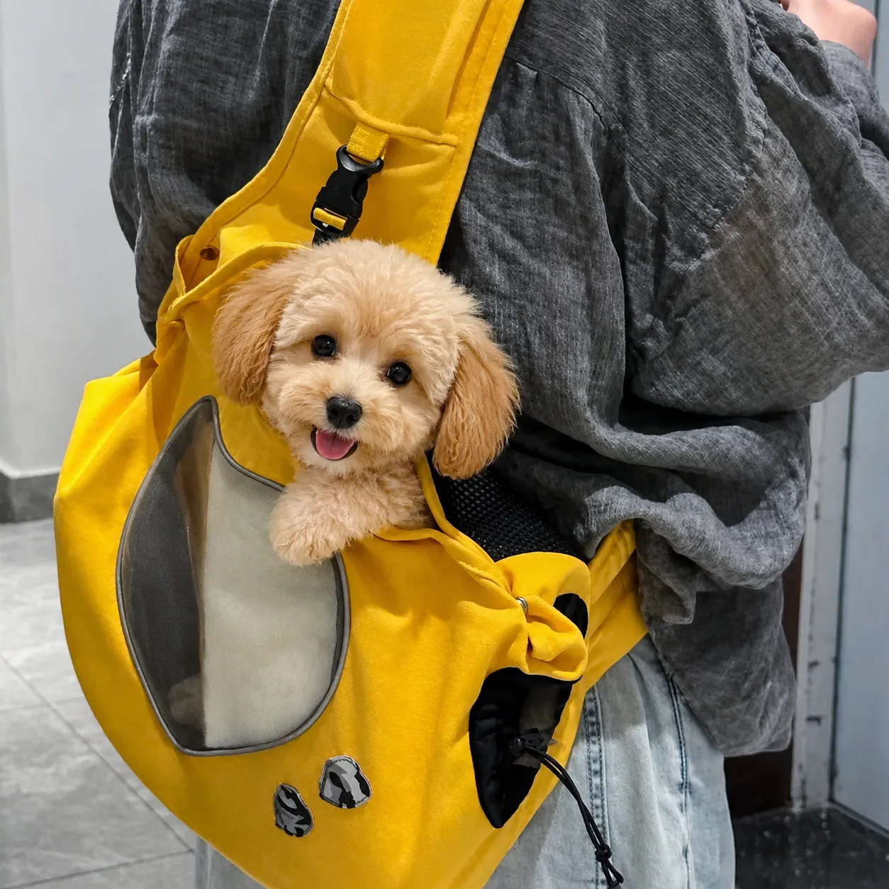 Small dog sitting comfortably inside a yellow breathable canvas pet carrier bag during travel