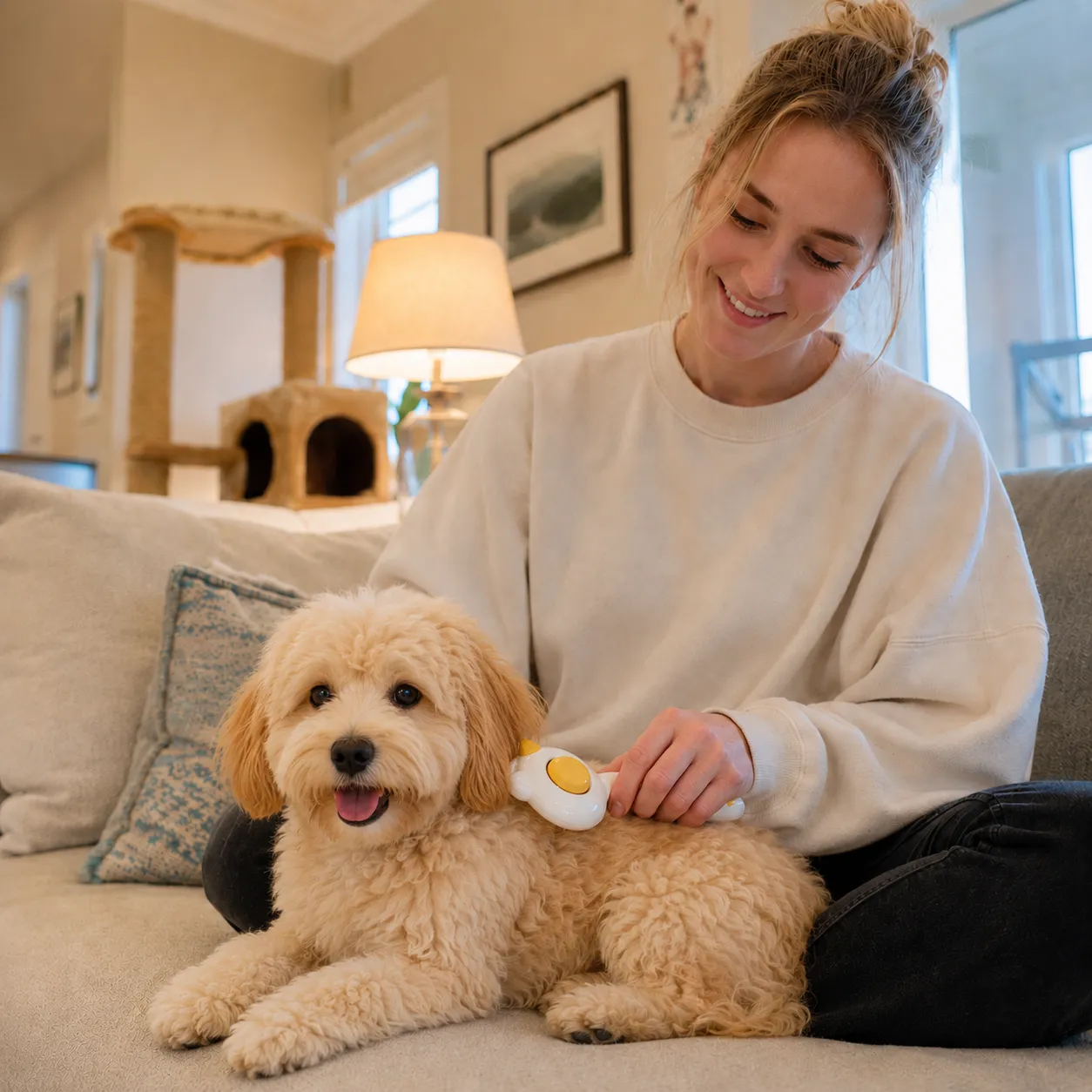 Pet Grooming Brush for Dogs at Home | Wholesale Pet Grooming Supplies Woman using a pet grooming brush on a small fluffy dog at home, comfortable dog grooming and shedding care solution