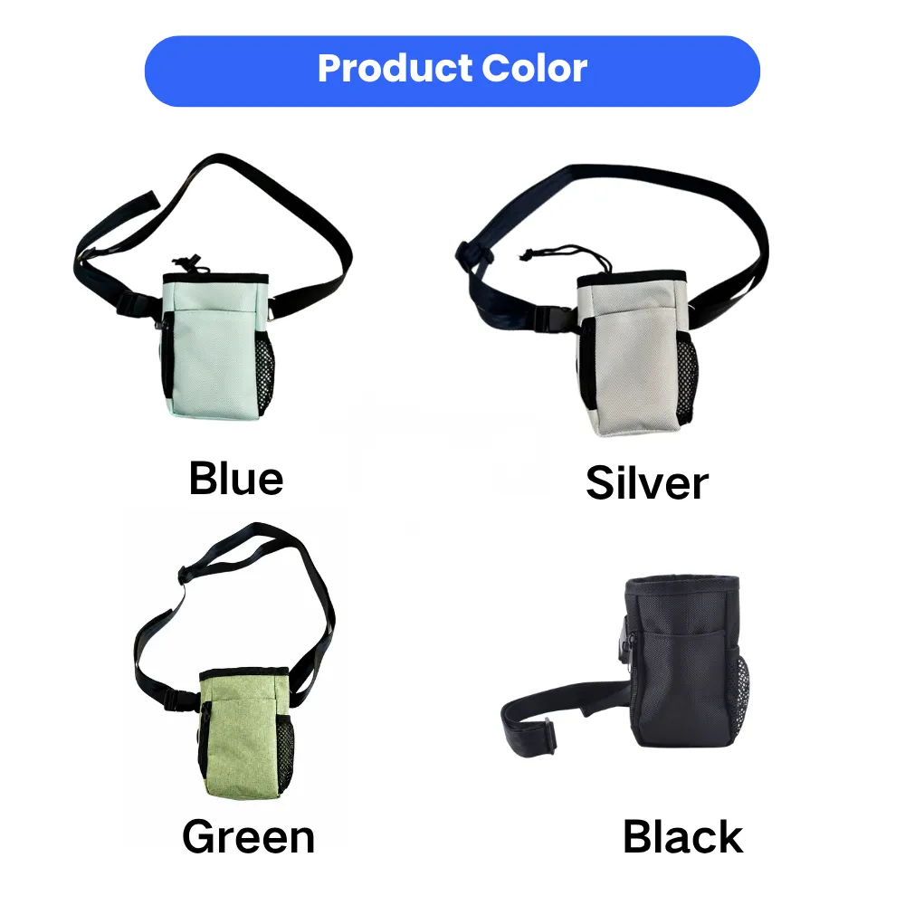Wholesale dog training treat pouch with adjustable waist belt available in blue, silver, green and black colors for pet training and walking