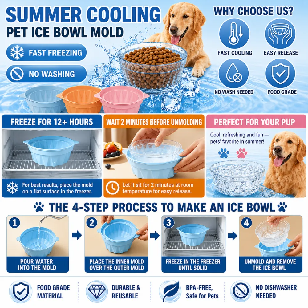 Step-by-step guide showing how to make frozen ice bowls for dogs using a reusable pet ice bowl mold