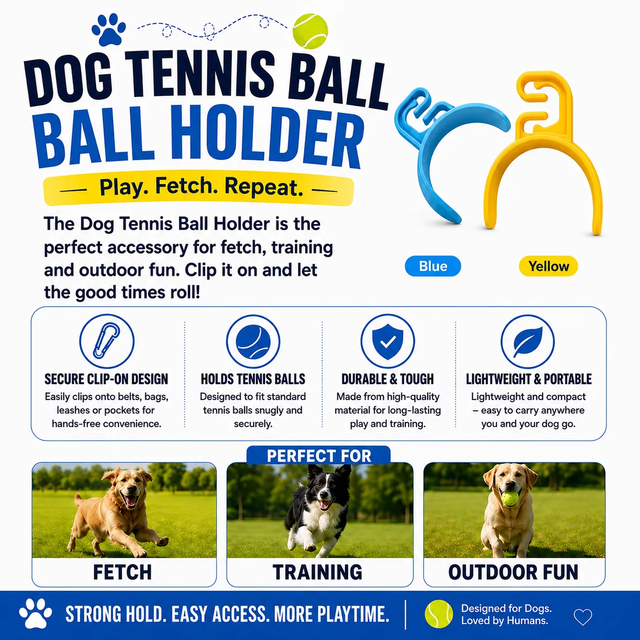 Clip-on dog tennis ball holder featuring secure attachment, durable construction, and compatibility with standard tennis balls