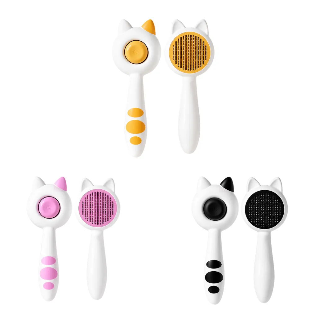 Wholesale Self Cleaning Cat Grooming Brush Color Options Wholesale self cleaning cat grooming brushes in yellow pink and black for pet retailers