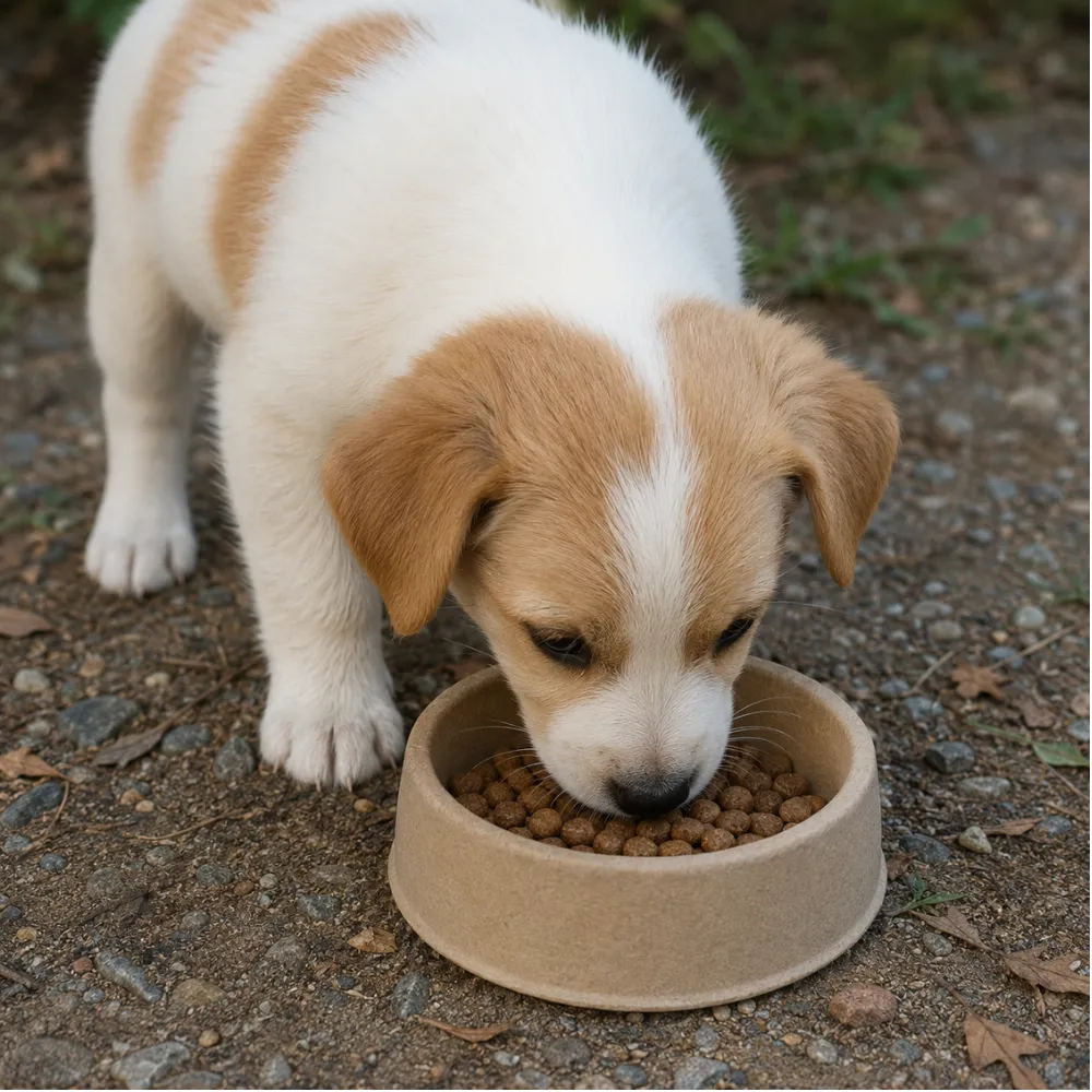 Cute puppy eating dry food from a biodegradable disposable dog bowl outdoors