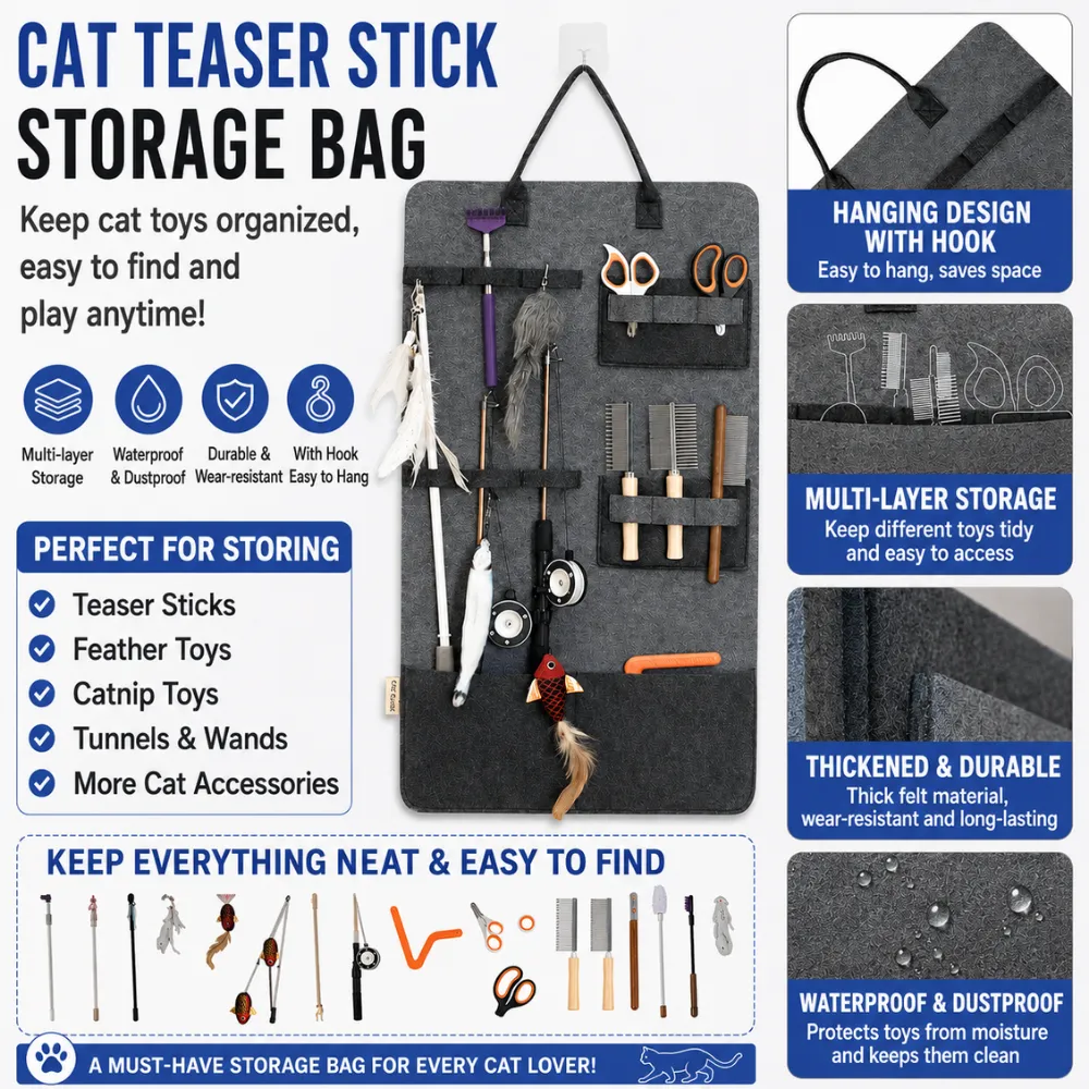 Multi-layer cat toy storage organizer with hanging hook, waterproof felt material and accessory pockets