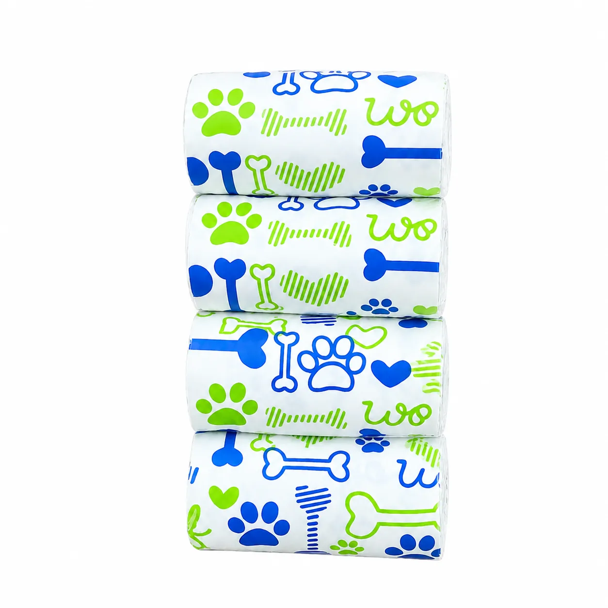 Wholesale Dog Poop Bags with Bone and Paw Print Design Dog waste bag rolls featuring bone, paw, and heart patterns for convenient pet waste cleanup during walks