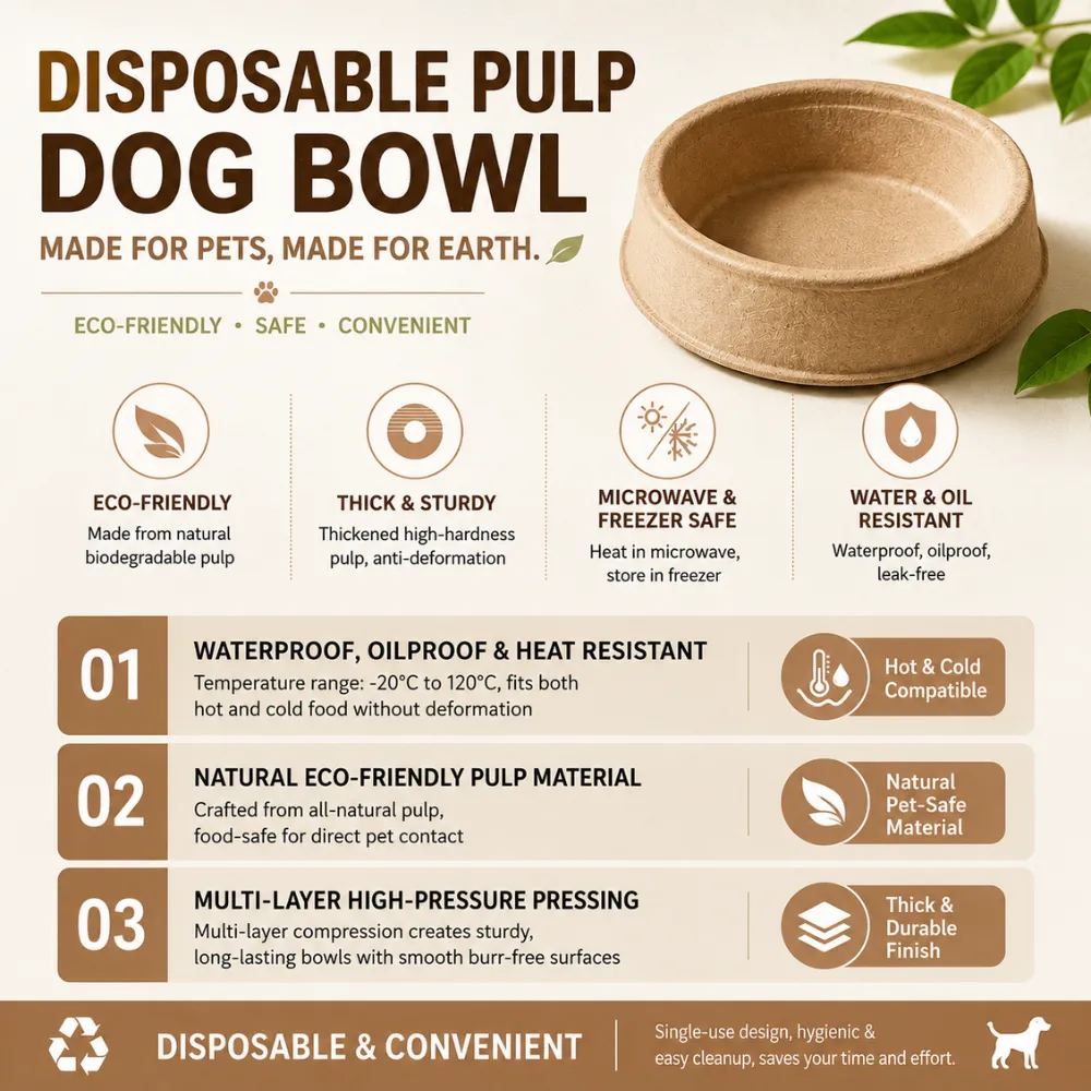 Disposable pulp dog bowl with waterproof oil-resistant heat-resistant and biodegradable features