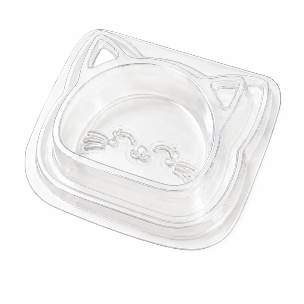 Clear disposable cat bowl with cat-shaped design on a white background