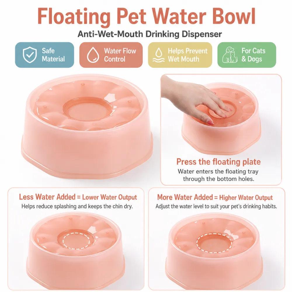 Floating pet water bowl with water flow control, safe material, and anti-wet-mouth design