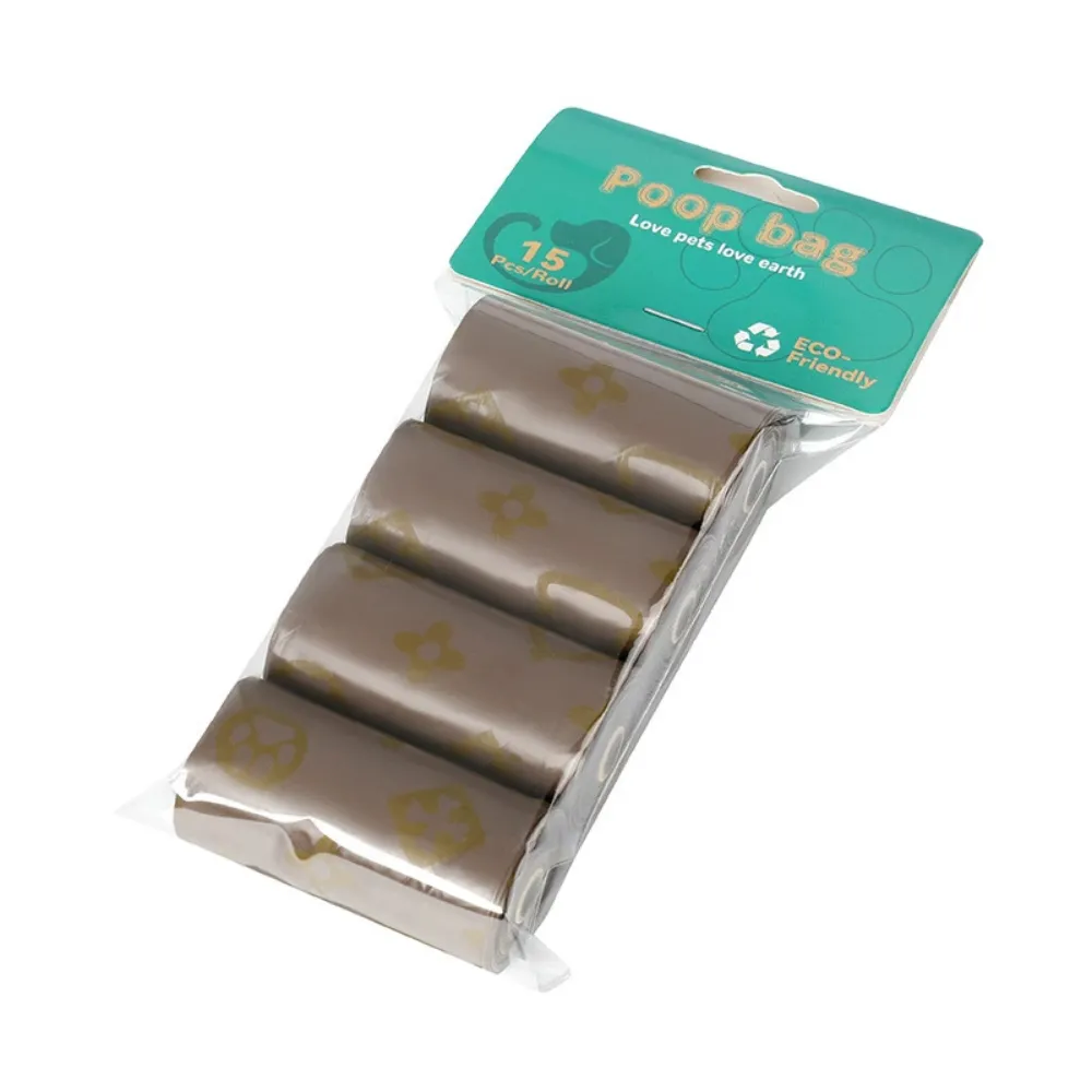 Brown eco-friendly dog poop bags in compact retail packaging